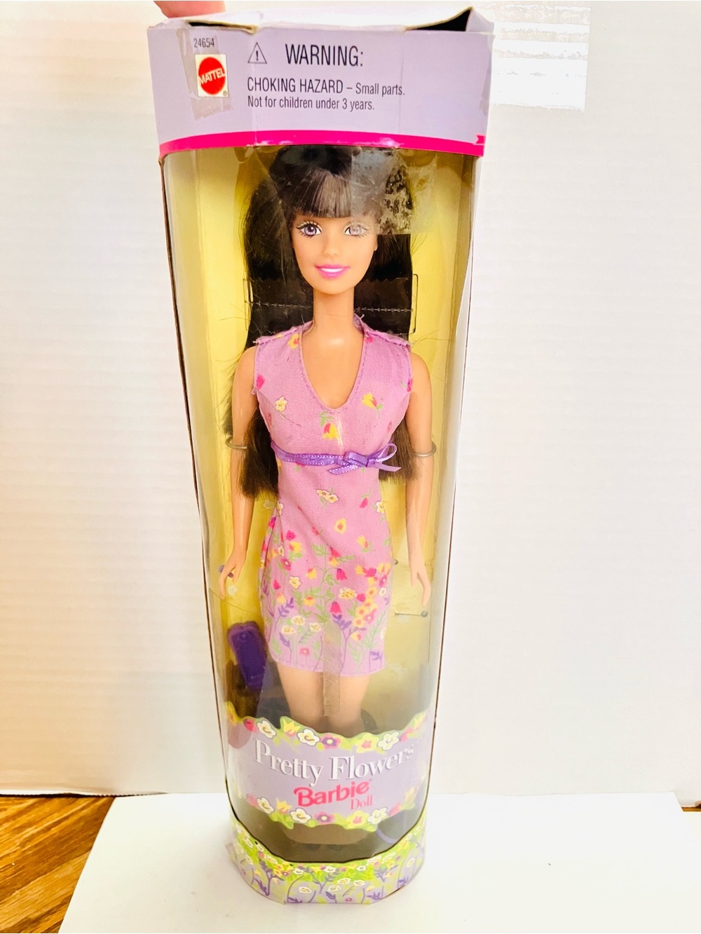 Barbie 1999 Pretty Flowers Fashion Doll New Brown Hair Purple Dress Read